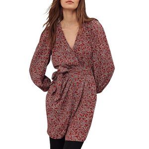 Ba&Sh Sz 0 Carmin Mini Wrap Dress Long Sleeve Tie Waist Floral Printed Red